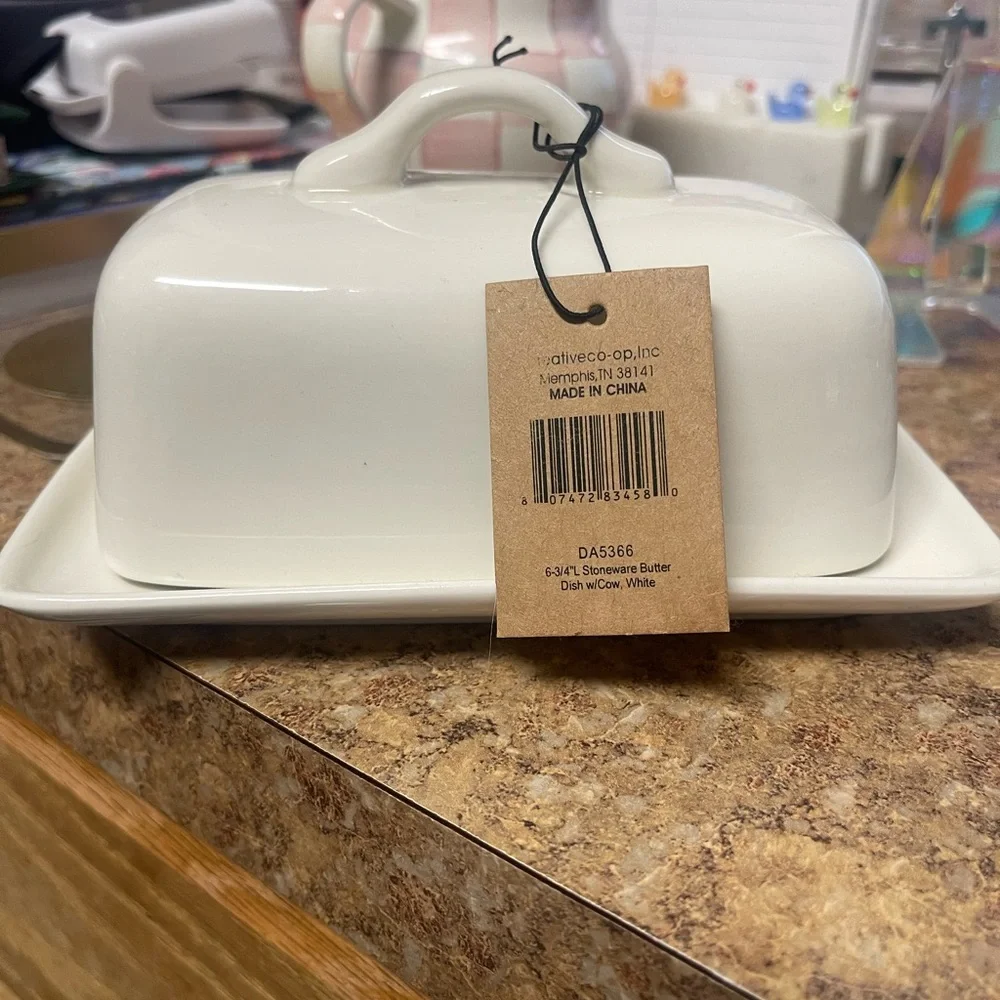 Creative Co-Op White Ceramic Butter Dish with Cow Design